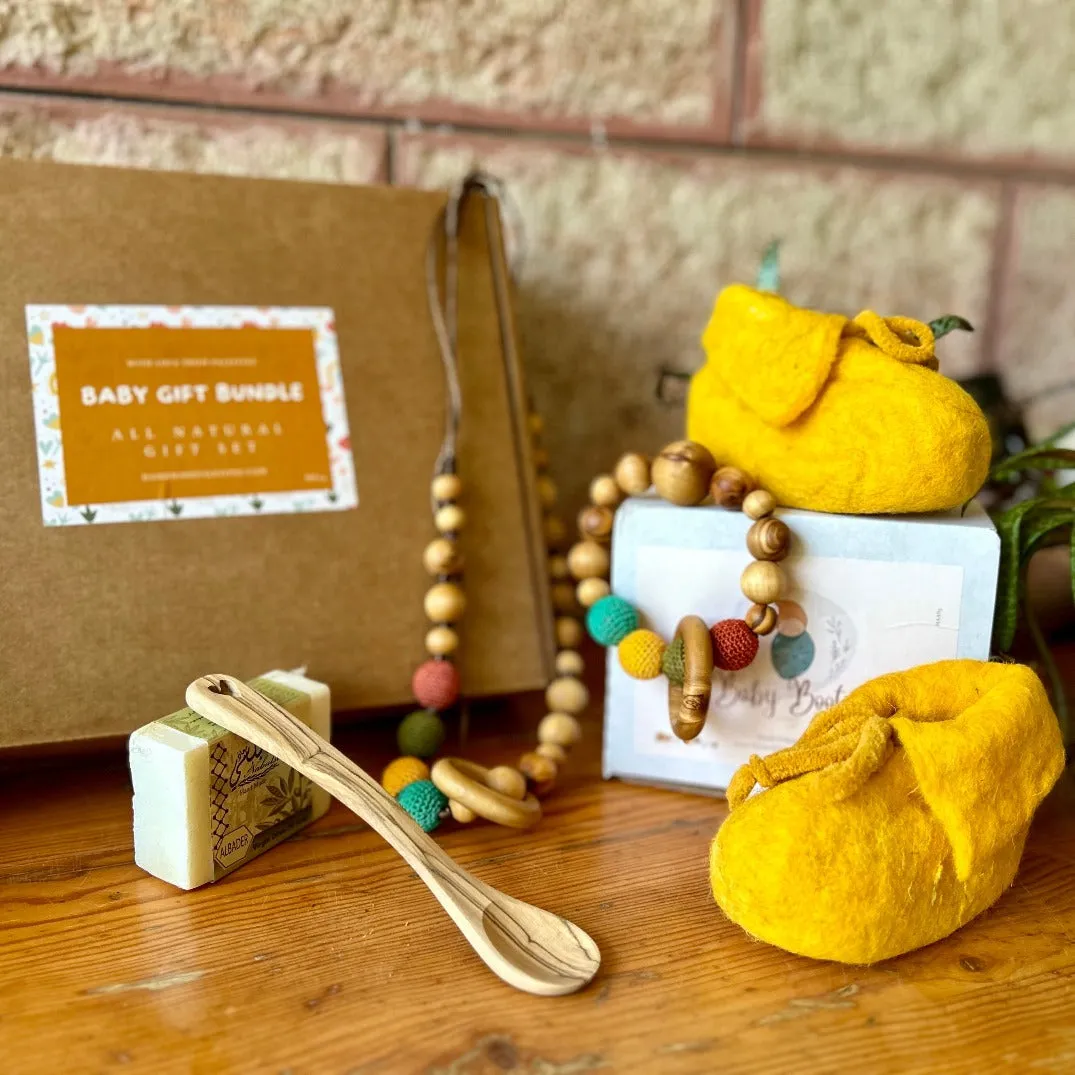 All Natural Baby Shower Gift Bundle | Hand Crafted Teething Ring & Baby Booties