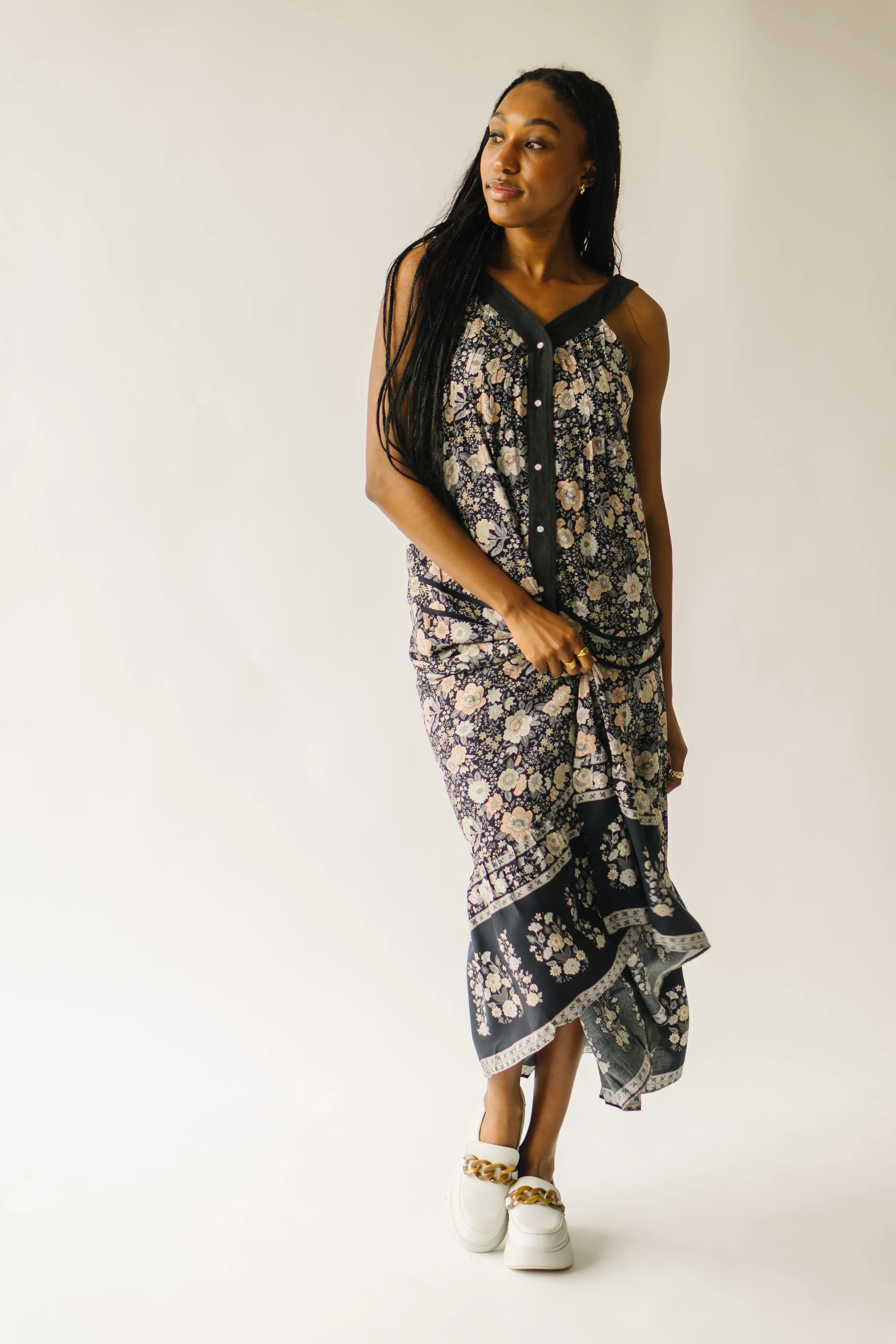 The Ender Mixed Floral V-Neck Maxi Dress in Midnight